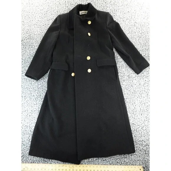 Leslie Fay Wool Long Coat Black Gold Buttons Vintage Military Style Women's 10 - Picture 1 of 13